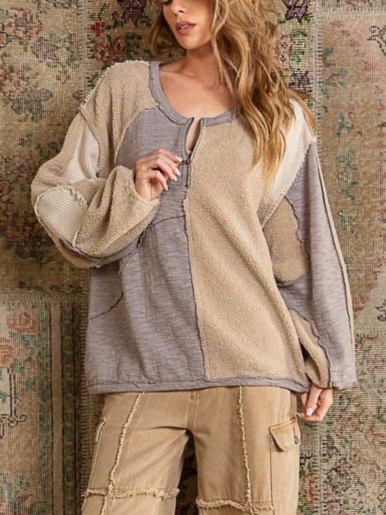POL Tops - POL Patchwork Quarter Zip Pullover in Taupe and Beige - Size: Small